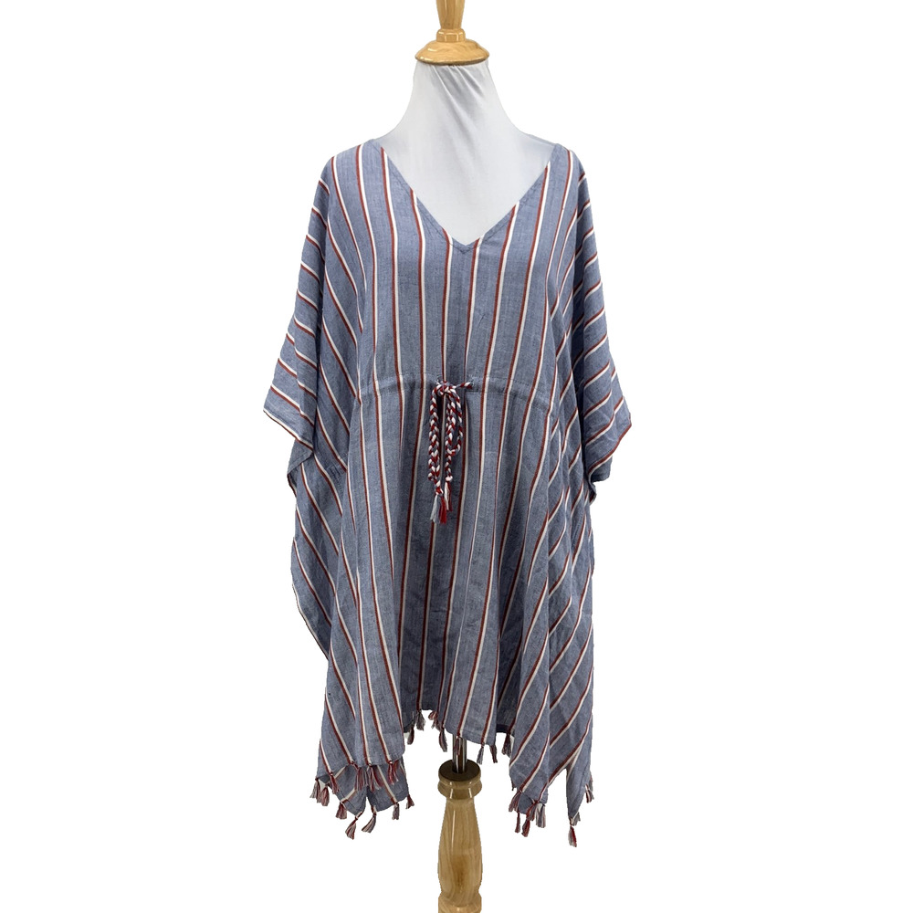 Soho Top Womens OS One Size Dresden Blue V Neck Striped Fringe Tie Waist Kaftan